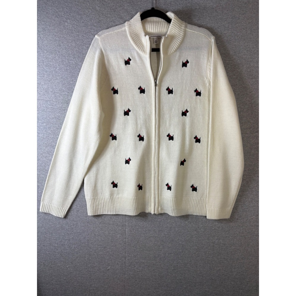 Croft & Barrow Womens XL Cream Scottish Terrier Scotty Dog Zip Cardigan Sweater